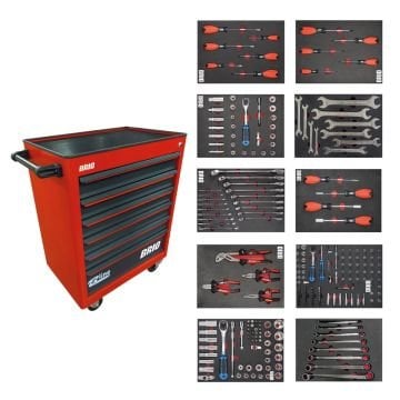 Brio Hareketli Tekerlekli Takım Dolabı Takım Arabası 6 Çekmeceli Kilitli Pro Ss 258 Parça Kırmızı Dolu