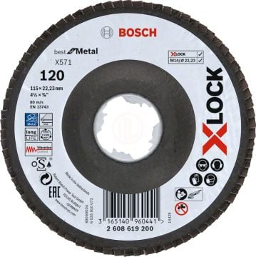 Bosch X-Lock Zirkon Flap Zımpara Diski X571 Best For Metal (Fiber Tabanlı) Bombeli 115x22,23 mm 120 Kum - 2608619200