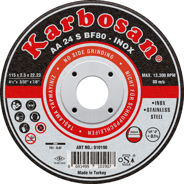 Karbosan Paslanmaz Çelik (Inox) İnce Kesme Disk T41 Düz 125x0,8x22,23 mm AA 54 R BF80 - KAR912500