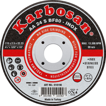 Karbosan Paslanmaz Çelik (Inox) İnce Kesme Disk T41 Düz 125X0,8X22,23 Mm Aa 54 R Bf80