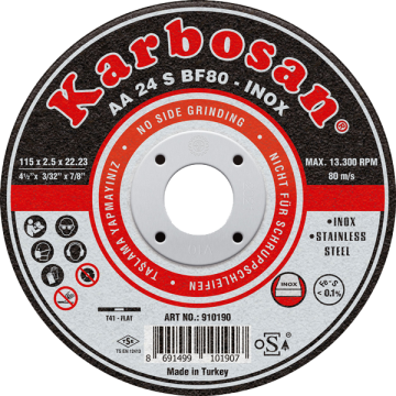 Karbosan Paslanmaz Çelik (Inox) İnce Kesme Disk T41 Düz 125x0,8x22,23 mm AA 54 R BF80 - KAR912500