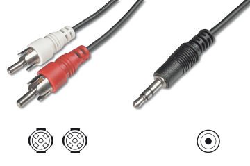 Assmann Audio Kablosu, 1 X Stereo 3,5 Mm Erkek 2 X Rca Erkek, 5 Mt, Ccs, 2X0.10/10, Zırhlı, Siyah Renk
