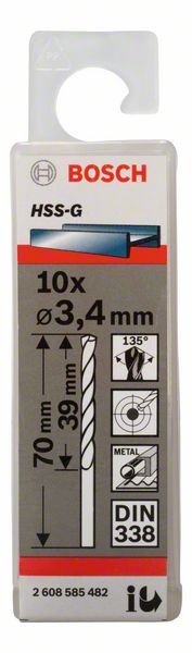 Bosch Metal Matkap Ucu HSS-G DIN 338 (Gümüş) 3,4x70 mm (10 Adet) - 2608585482