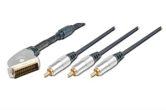 eli Scart Kablosu, Scart Erkek 3 X Rca Erkek Cinch Konnektör, 5 Mt, Metal Fiş, Krom Kaplama, Kontak Uçları Altın Kaplama, Ferrite Filtre, Zırhlı