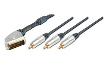 eli Scart Kablosu, Scart Erkek 3 X Rca Erkek Cinch Konnektör, 5 Mt, Metal Fiş, Krom Kaplama, Kontak Uçları Altın Kaplama, Ferrite Filtre, Zırhlı