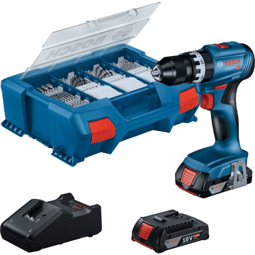 Bosch GSB 18V-45 Akülü Darbeli Matkap Seti (2x 2.0Ah Akü + GAL 18V-40 Şarj + 63 Parça Uç Seti + L-Case Pick&Click)