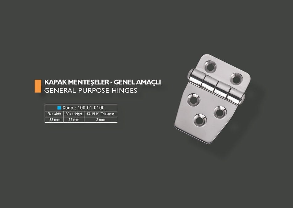 Armetal Sabit Kapak Tipi Menteşe Polisajlı 304 Kalite 38x57x2,0 mm (Kısa Kare - Kısa Köşeli)