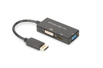Assmann Displayport (Dp) Çeviricisi/3 İn 1 Multi-Media Kablosu Kablolu, 0.20 Mt Dp Erkek Hdmı Dişi + Dvı Dişi + Vga Dişi Siyah Renk, Altın Kaplama