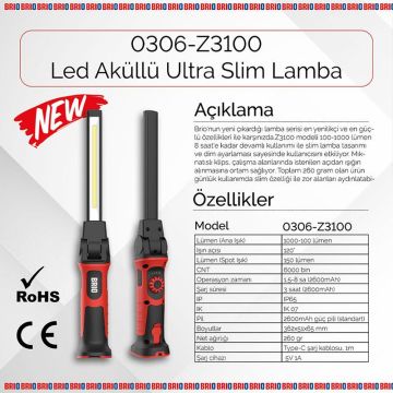 Brio Usb Şarjlı, Mıknatıslı, Askılı, Işık Ayarlı Led Fener, Led Lamba 1000 Lümen Güçlü Işık Tamirci Feneri