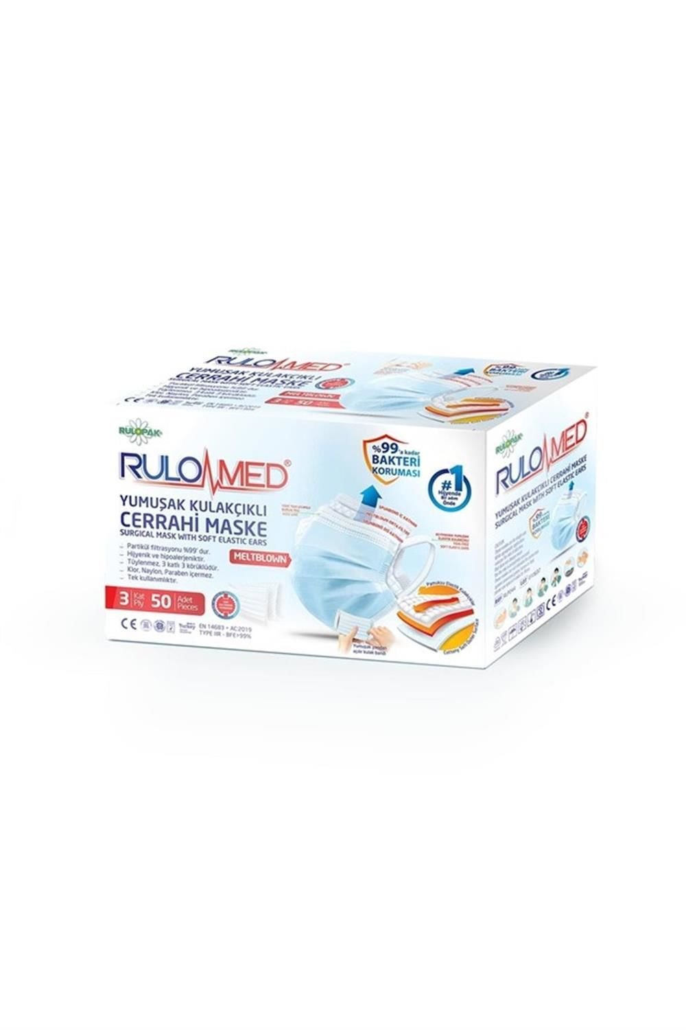 Rulopak Rulomed Elastik Kulakçıklı Maske 50 Li (Beyaz)
