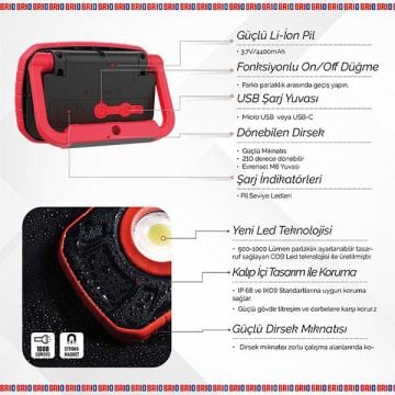 Brio Usb Şarjlı Suya ve Darbeye Dayanıklı, Ayarlanabilir Işıklı, Mıknatıslı, Askılı, Led Fener, Led Lamba 1000 Lümen Güçlü Işık