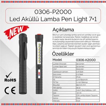 Brio Mıknatıslı Kalem Led Lamba Micro Usb Girişli Oto Tamirci Lambası, El Feneri 7+1 Kalem Lamba