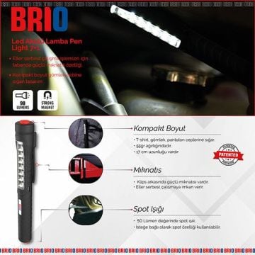 Brio Mıknatıslı Kalem Led Lamba Micro Usb Girişli Oto Tamirci Lambası, El Feneri 7+1 Kalem Lamba