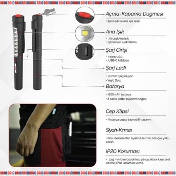 Brio Mıknatıslı Kalem Led Lamba Micro Usb Girişli Oto Tamirci Lambası, El Feneri 7+1 Kalem Lamba