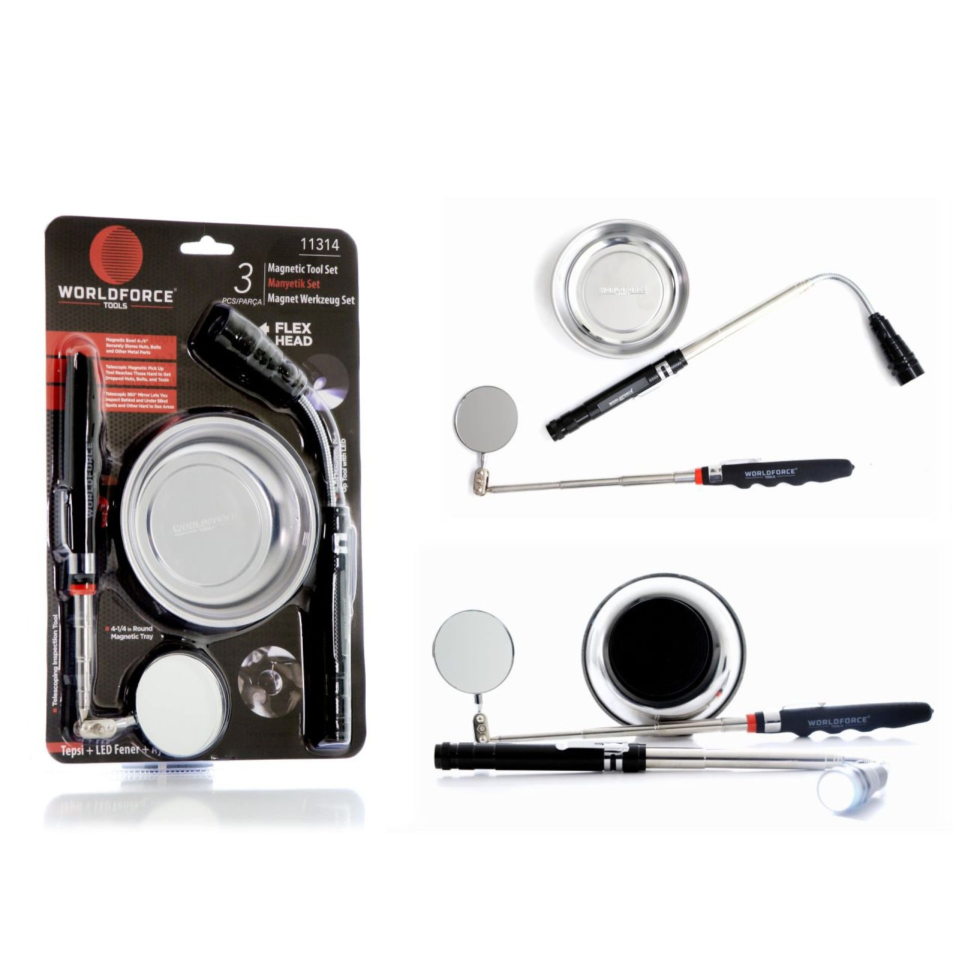 Worldforce Manyetik Set 3 Lü (Tepsi + Led Fener + Ayna)