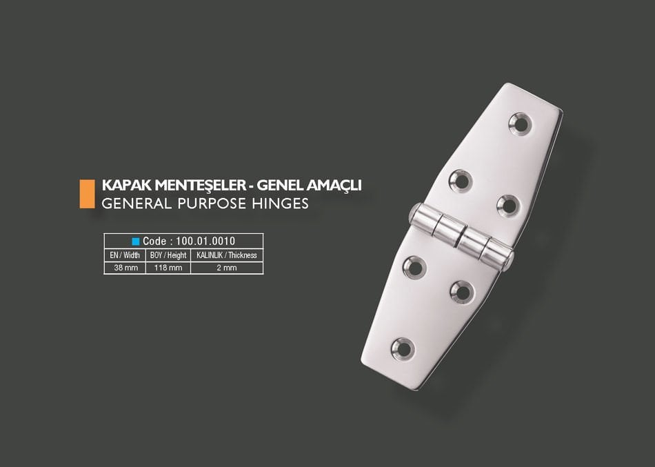 Armetal Sabit Kapak Tipi Menteşe Polisajlı 304 Kalite 38X118X2,0 Mm (Uzun Köşeli - Uzun Köşeli)