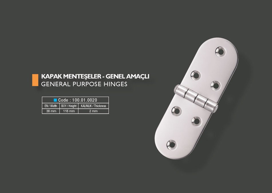 Armetal Sabit Kapak Tipi Menteşe Polisajlı 304 Kalite 38X118X2,0 Mm (Uzun Yuvarlak - Uzun Yuvarlak)