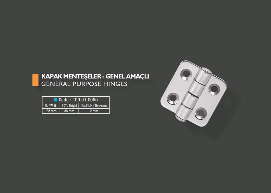 Armetal Sabit Kapak Tipi Menteşe Polisajlı 304 Kalite 38X38X2,0 Mm (Kısa Kare - Kısa Kare)