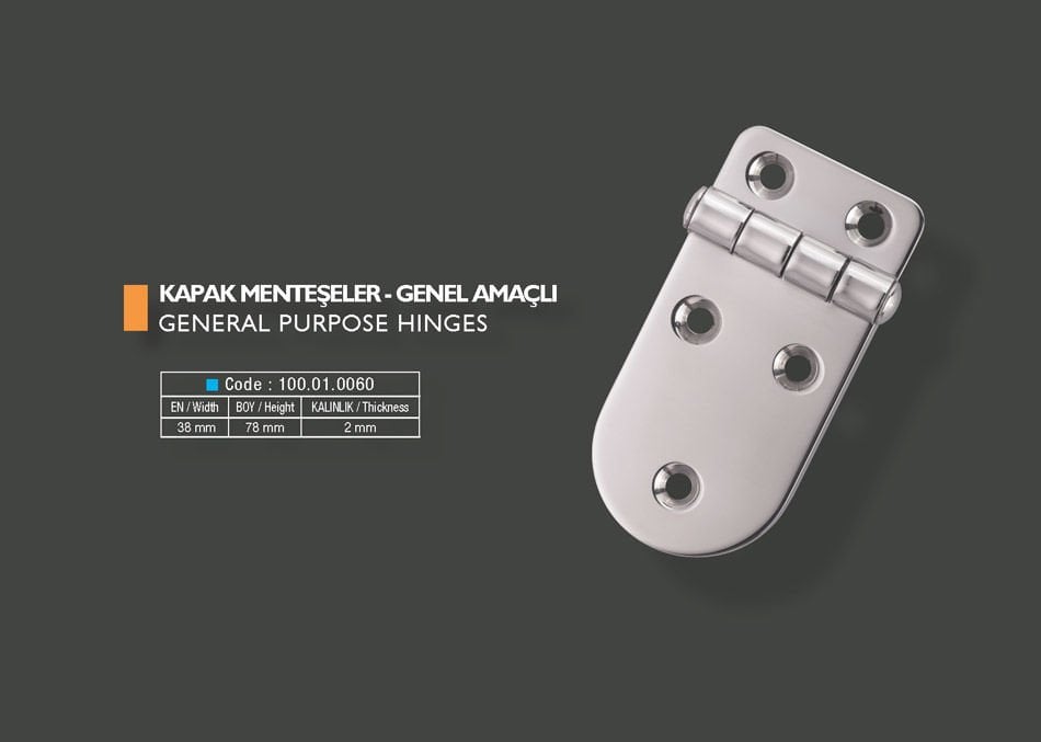 Armetal Sabit Kapak Tipi Menteşe Polisajlı 304 Kalite 38X78X2,0 Mm (Kısa Kare - Uzun Yuvarlak)