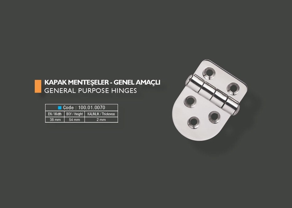Armetal Sabit Kapak Tipi Menteşe Polisajlı 304 Kalite 38X54X2,0 Mm (Kısa Kare - Kısa Yuvarlak)