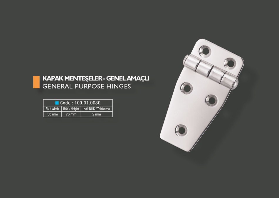 Armetal Sabit Kapak Tipi Menteşe Polisajlı 304 Kalite 38X78X2,0 Mm (Kısa Kare - Uzun Köşeli)