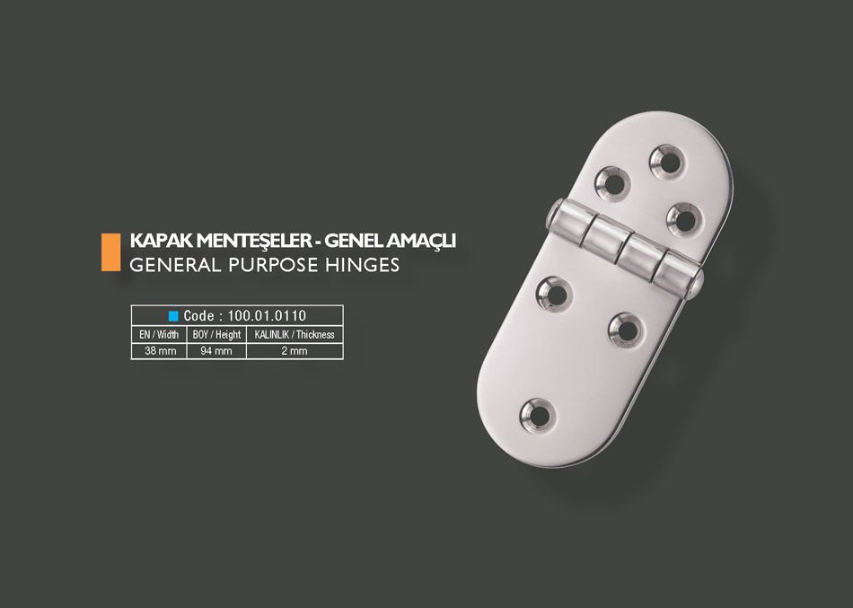 Armetal Sabit Kapak Tipi Menteşe Polisajlı 304 Kalite 38x94x2,0 mm (Kısa Yuvarlak - Uzun Yuvarlak)