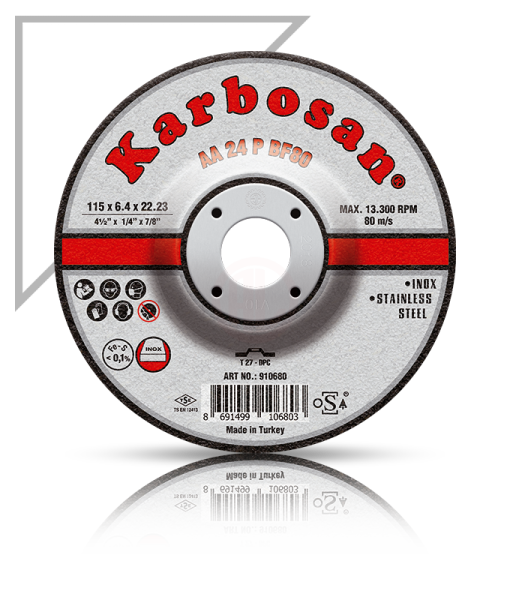 Karbosan Paslanmaz Çelik (Inox) Taşlama Disk T27 Bombeli 180x8,0x22,23 mm AA 24 P BF80 - KAR910710