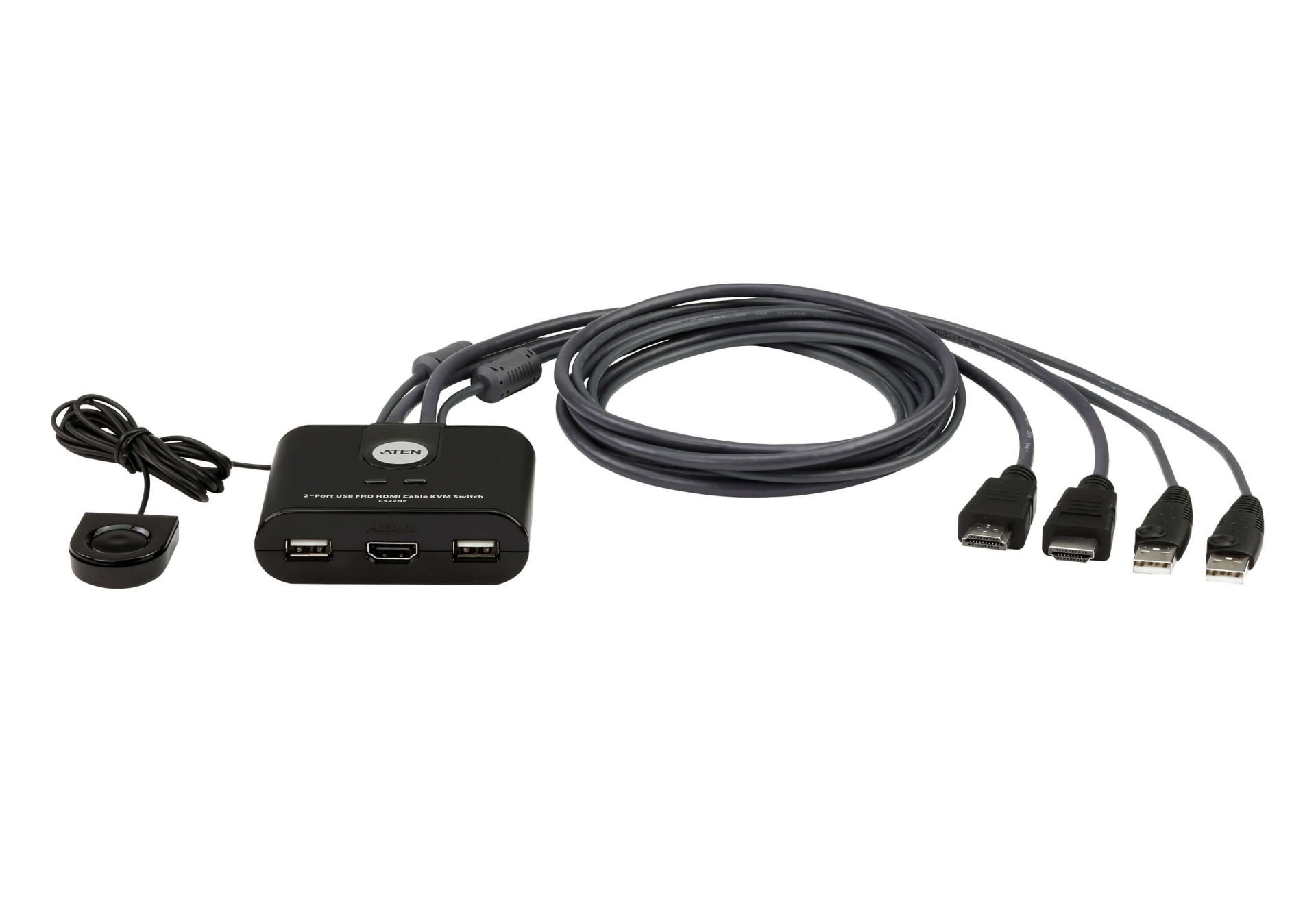 Aten 2 Port Usb Fhd Hdmı Kvmp™ (Keyboard/Video Monitor/Mouse) Periferi Switch, Kvm Bağlantı Kablosu Ürüne Gömülüdür, Remote Port Selector İle Birlikte