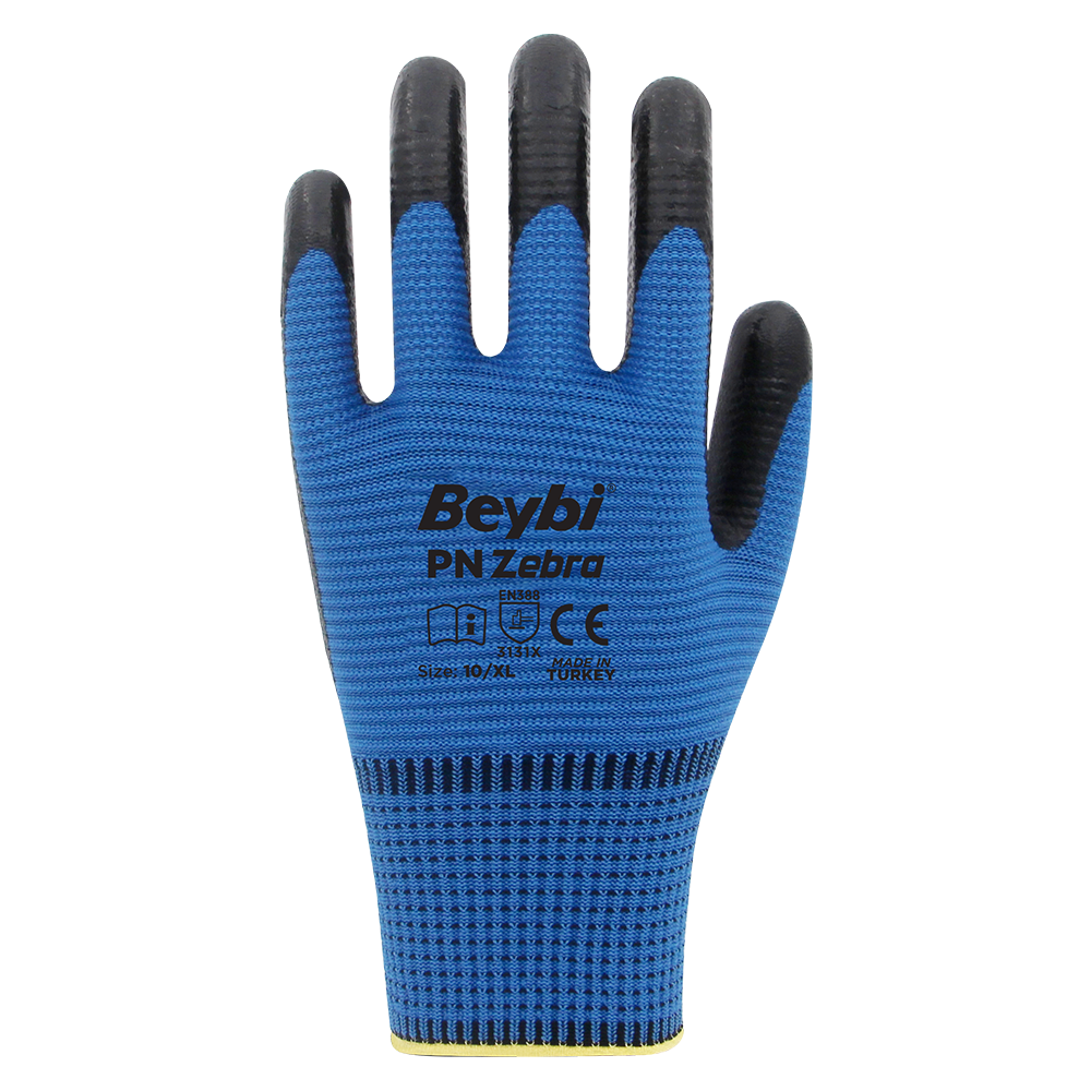 Beybi PN Zebra Yarı Nitril Kaplı Örgü Polyester Eldiven Siyah/Mavi No 10