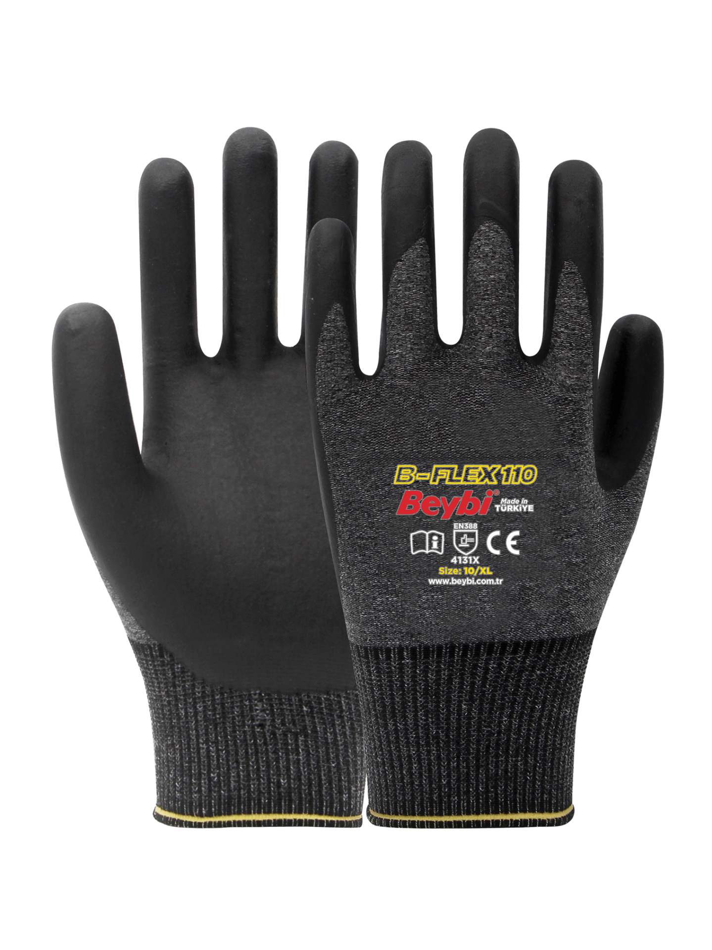 Beybi B-Flex110 Köpük Nitril Kaplı Likralı Örme Eldiven Siyah No 10