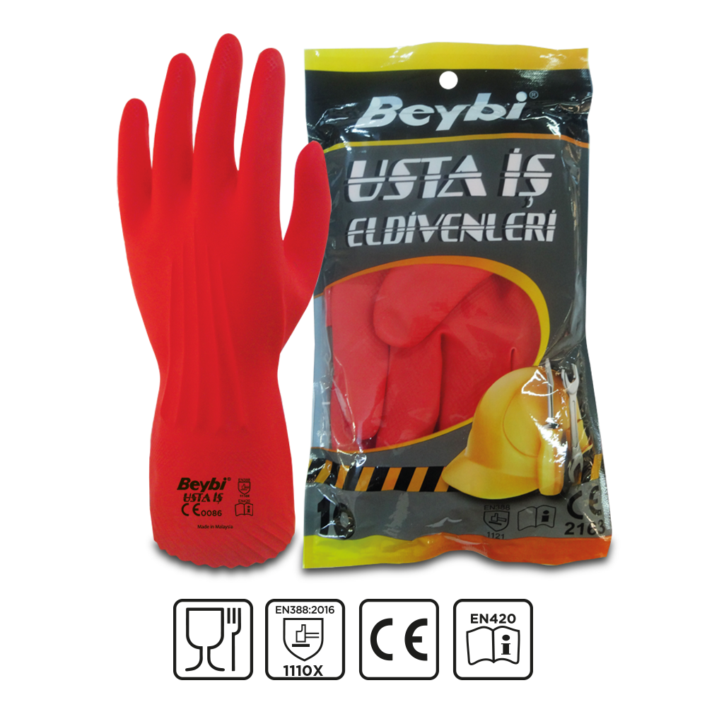 Beybi Usta İş Güçlü Endüstriyel Lateks Eldiven Kırmızı No 10