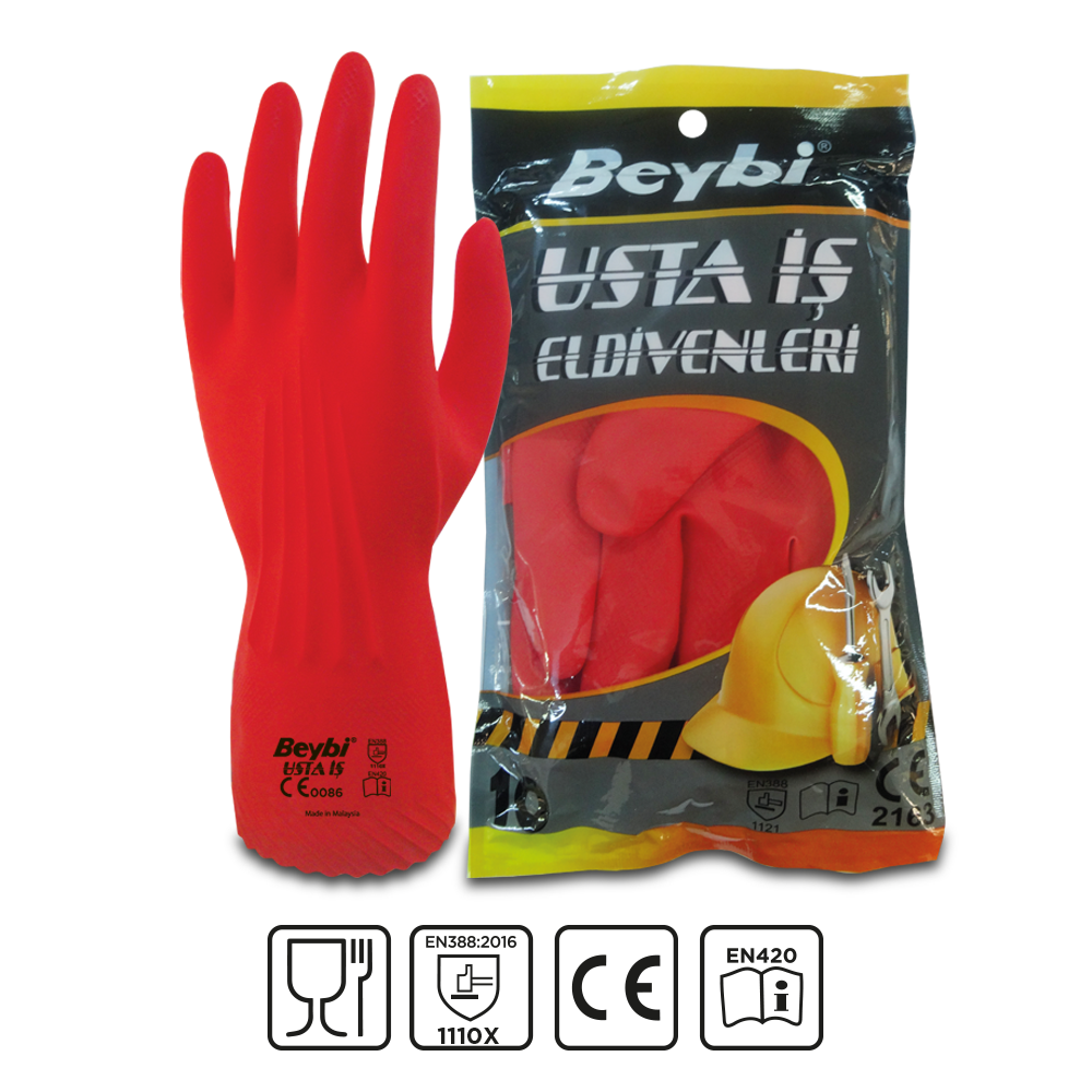 Beybi Usta İş Güçlü Endüstriyel Lateks Eldiven Kırmızı No 10