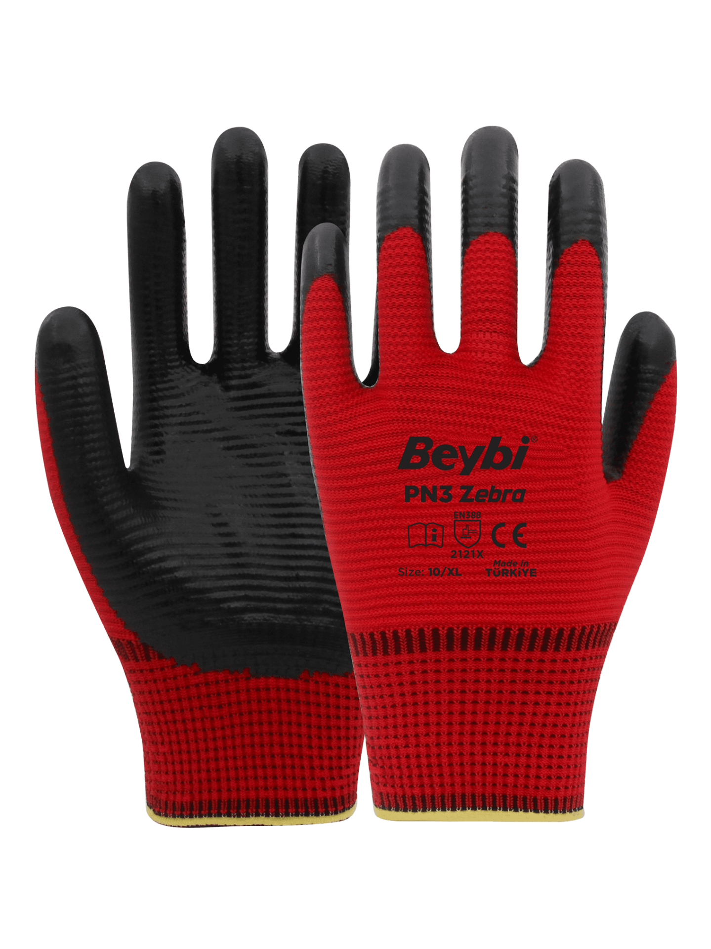 Beybi PN3 Zebra Polyester Örme Nitril Eldiven Kırmızı-Siyah No 10