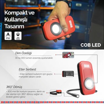 Brio Usb Şarjlı, Esnek, Eller Serbest, Mıknatıslı, Kamp, Tamirci Led Lambası 300 L