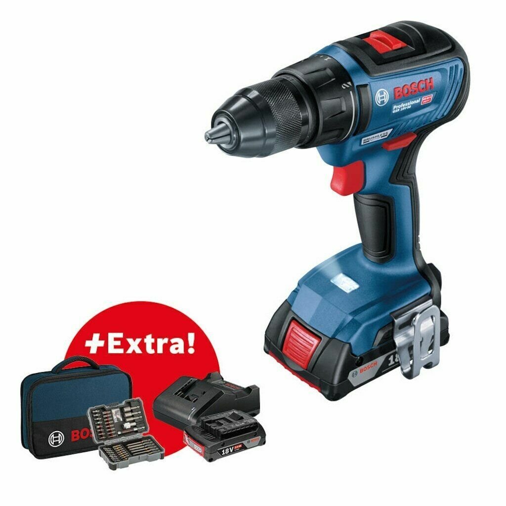 Bosch Akülü Vidalama Matkabı GSR 18V-50 (2 x 2,0 Ah Akü) + Vidalama Seti (43 Parça) - 06019H5004