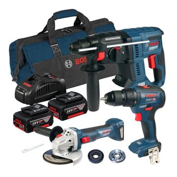 Bosch 18V 3lü Set Gsr 18V-50 Vidalama + Gbh 180 Kırıcı Delici + Gws 18 Taşlama Makinası + Gba 18 + 2x5.0 Ah Akü