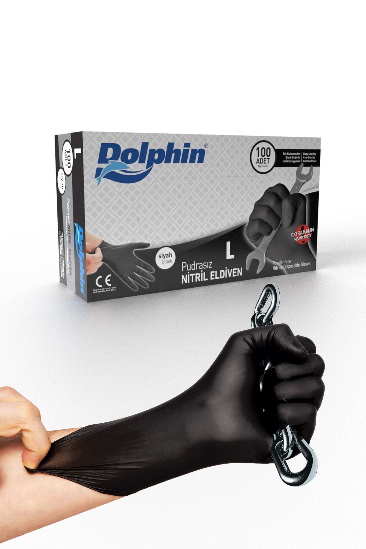 Dolphin Siyah Nitril Eldiven Pudrasız Ekstra Kalın L (1 Paket/100 Adet)