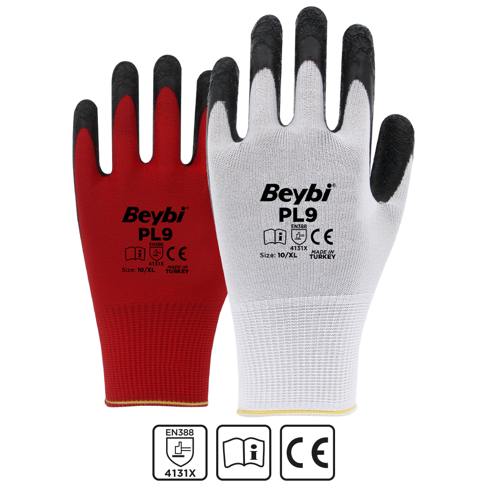 Beybi PL9 Desenli Lateks Kaplı Örgü Polyester Eldiven Kırmızı No 9