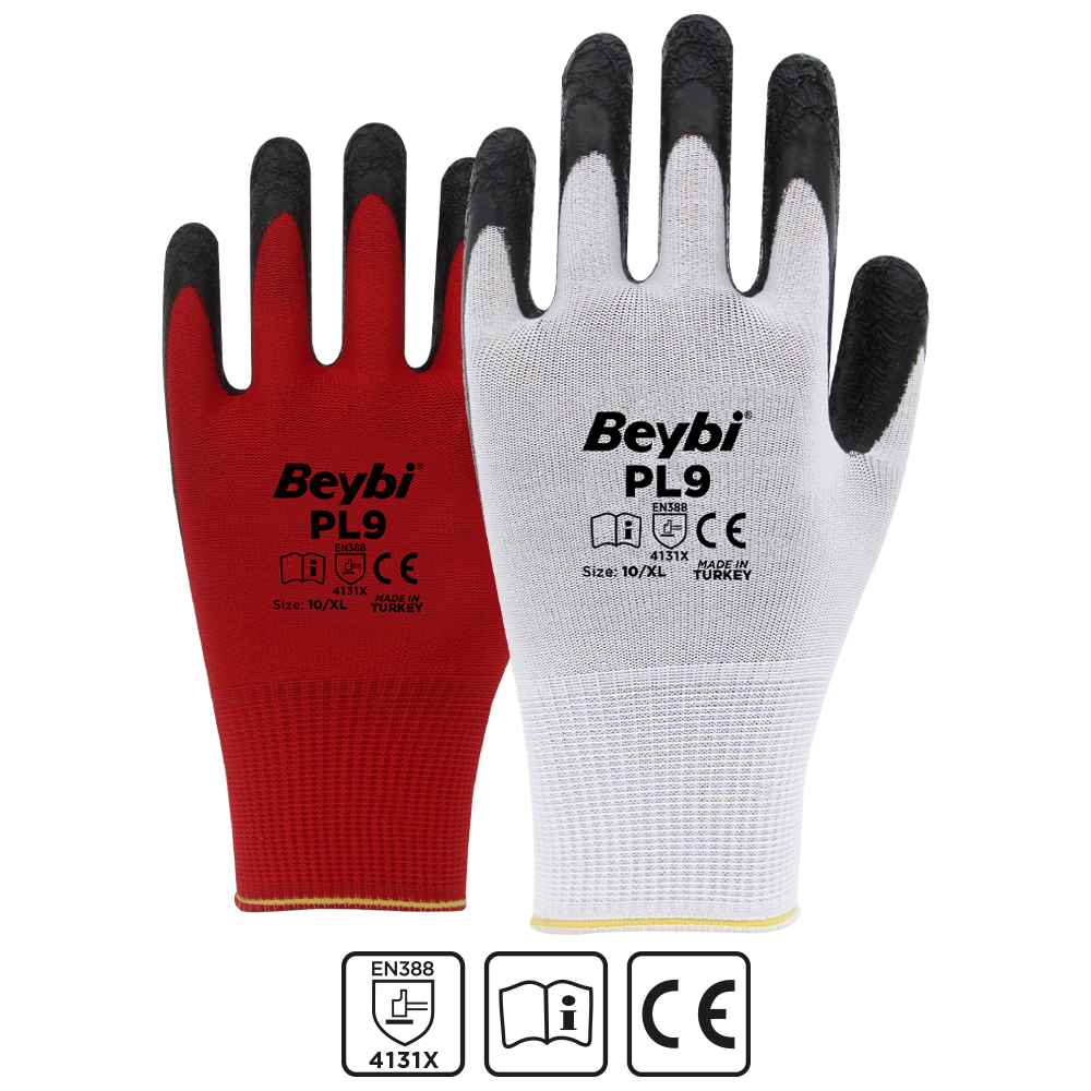 Beybi PL9 Desenli Lateks Kaplı Örgü Polyester Eldiven Kırmızı No 9