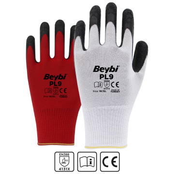 Beybi PL9 Desenli Lateks Kaplı Örgü Polyester Eldiven Kırmızı No 9