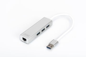 Assmann Digitus 3 Port Usb 3.0 Hub Usb 3.0 Gigabit Ethernet Adaptörü, 1 X 10/100/1000 Rj45 Dişi Yuva, 1 X Usb-A Erkek Konnektör Kablolu 20 Cm, 3 X Usb 3.0 Usb-A Dişi Konnektör, Alüminyum, Mac Ve Windows Destekler