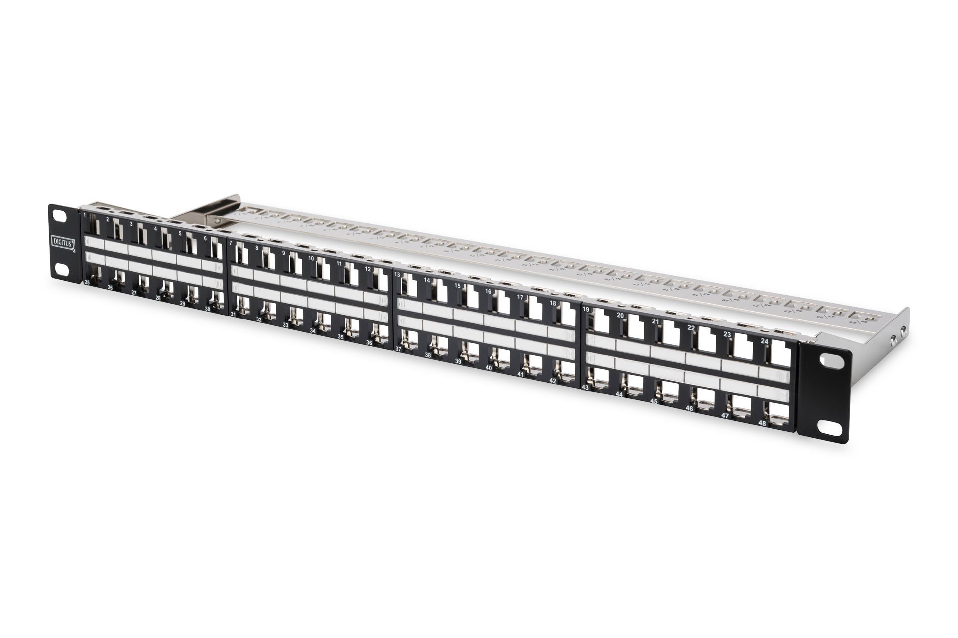 Assmann Digitus 48 Port Boş Patch Panel, Zırhlı Keystone Jack Takılabilir, 1U Yüksekliğinde, Siyah Ral 9005 Renk