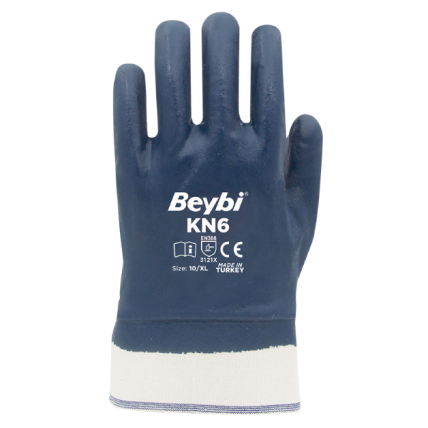 Beybi KN6 Güvenli Manşetli Tam Kaplı Nitril Eldiven (Petrolcü) Lacivert No 10