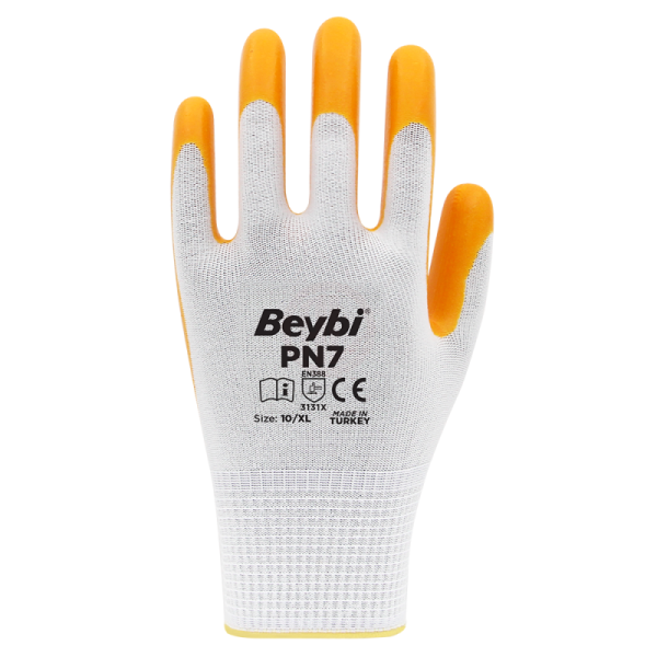 Beybi PN7 Yarı Nitril Kaplı Örgü Polyester Eldiven Sarı No 10