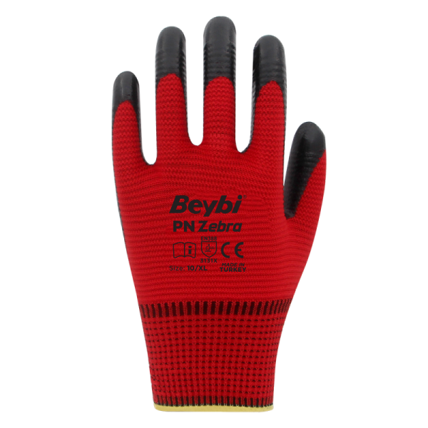Beybi PN Zebra Yarı Nitril Kaplı Örgü Polyester Eldiven Siyah/Kırmızı No 9