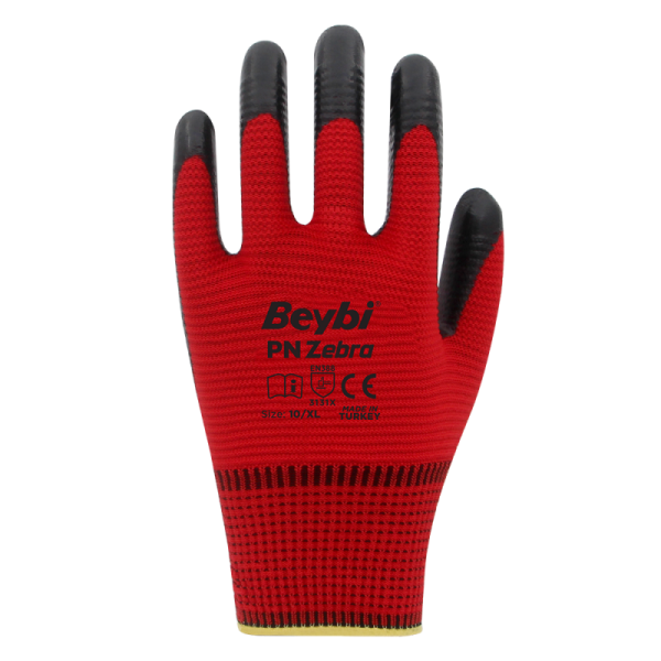 Beybi PN Zebra Yarı Nitril Kaplı Örgü Polyester Eldiven Siyah/Kırmızı No 9