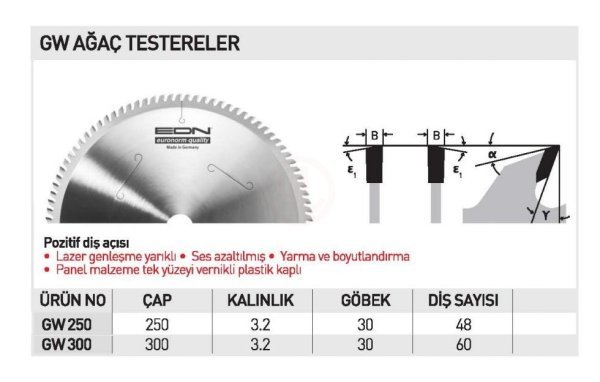 Edn GW 250 AĞAÇ TESTERE 250 MM 48 DİŞ - EDNGW25048