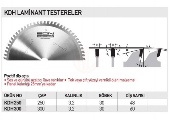 Edn KDH 250 LAMİNANT TESTERE 250 MM 48 DİŞ - EDNKDH25048
