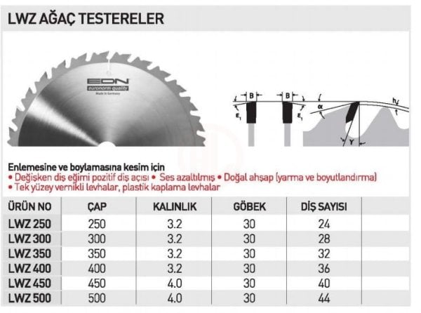 Edn LWZ 300 AĞAÇ TESTERE 300 MM 28 DİŞ - EDNLWZ30028
