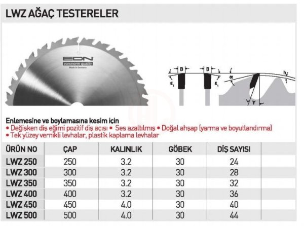 Edn LWZ 300 AĞAÇ TESTERE 300 MM 28 DİŞ - EDNLWZ30028